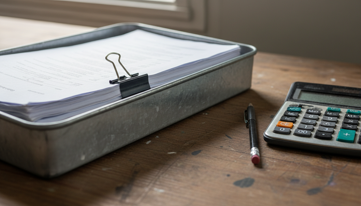 Close-up of printed quote sheets clipped together inside an open storage tray