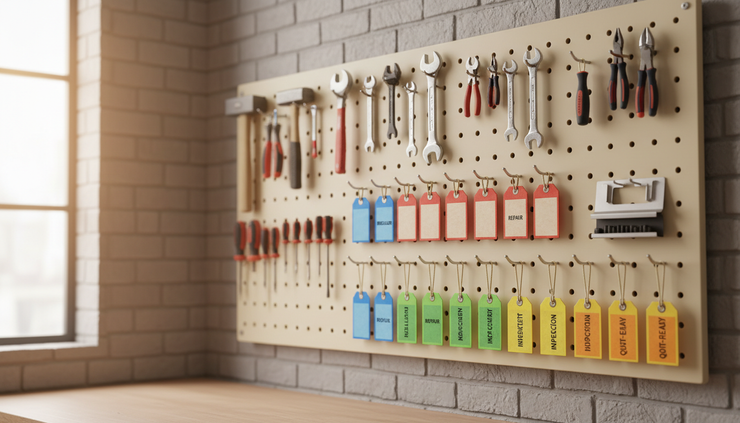 Eye-level view of colour-coded service tags hanging from a pegboard in a workshop