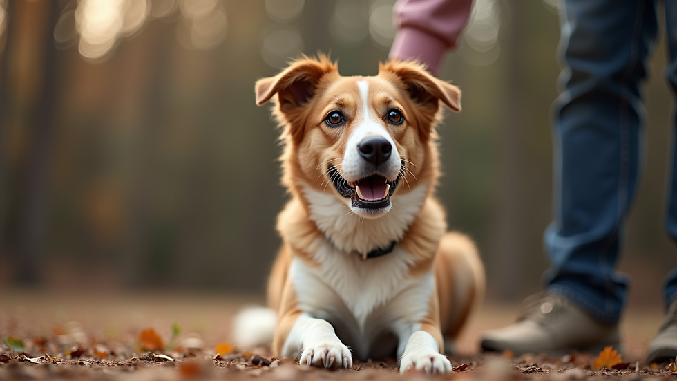 Eye-level view of a dog sitting attentively during a training session