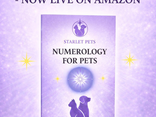 Purple book cover titled "Numerology for Pets" by Starlet Pets, surrounded by stars, with "Now Live on Amazon" text and logo below.