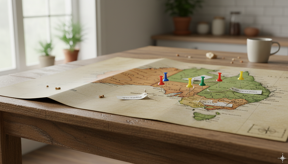 Wide-angle view of a paper map of Australia with coloured pins marking every state and territory.