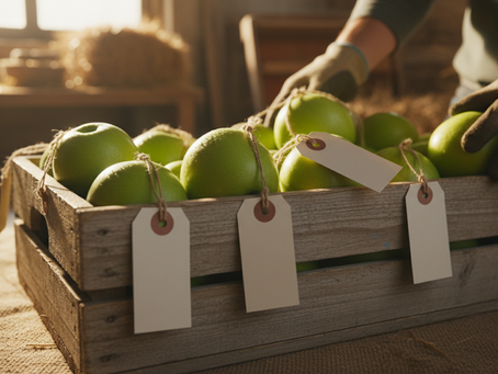 Close-up view of freshly picked apples in a wooden crate with small blank paper tags.