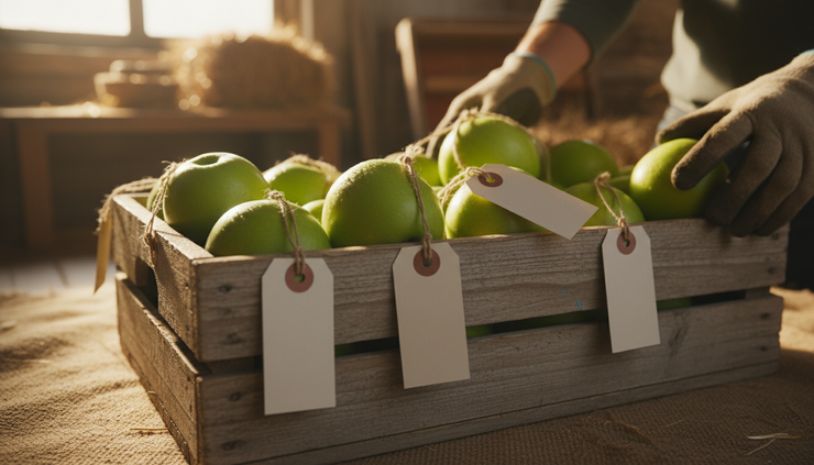Close-up view of freshly picked apples in a wooden crate with small blank paper tags.