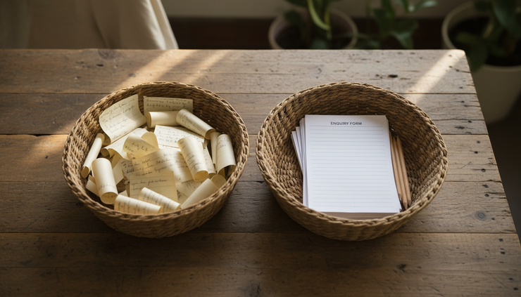 Overhead view of two woven baskets filled with paper enquiry slips.