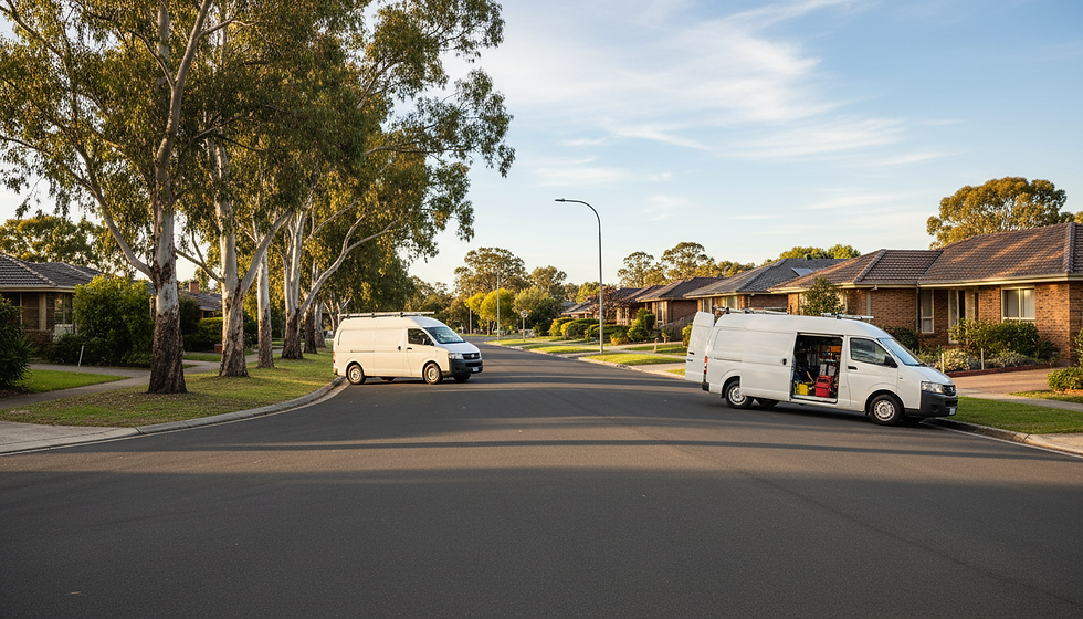 Wide-angle view of a suburban street with service vans parked along different routes.