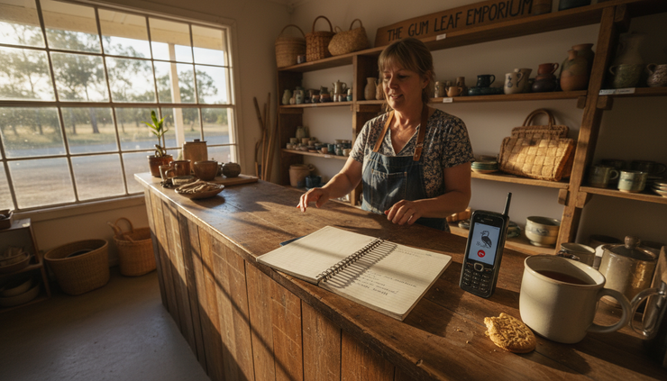 Wide-angle view of a small shop counter with a notebook of customer enquiries and a ringing phone.