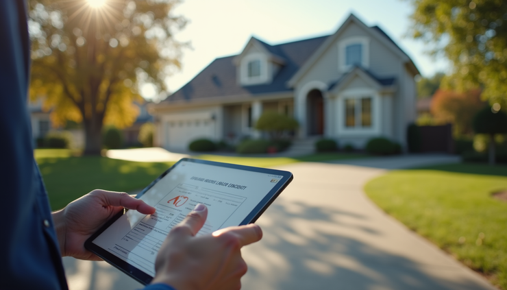 Eye-level view of a solar consultant verifying property ownership details on a tablet in a suburban home driveway