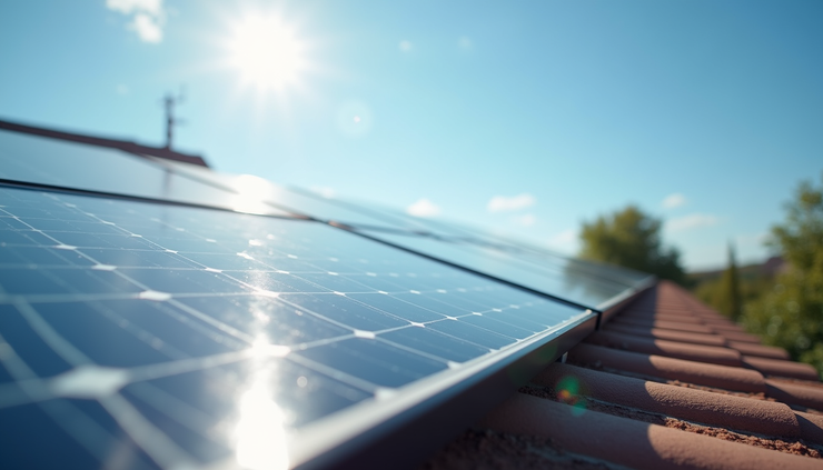 Eye-level view of a solar panel installation on a residential roof under clear blue sky