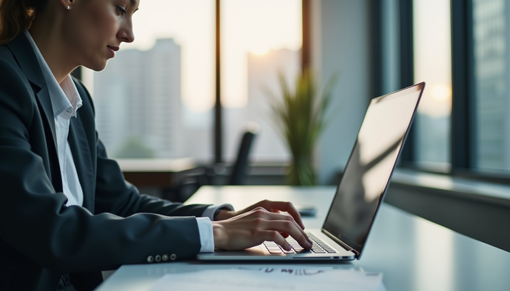 Eye-level view of a business professional reviewing client enquiries on a laptop