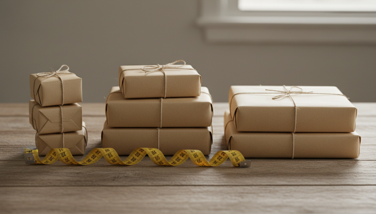 Close-up view of a measuring tape beside stacks of small, medium and large parcels.