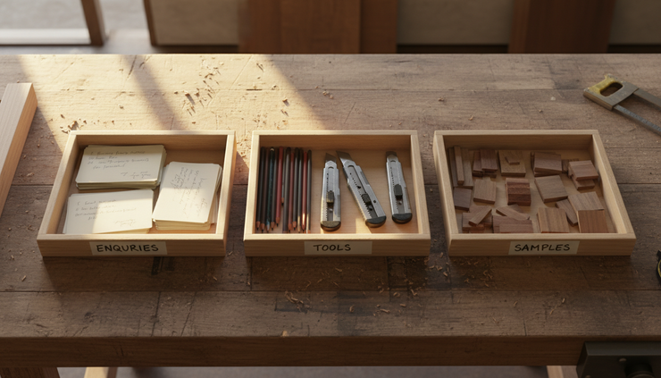 Overhead view of three labelled sorting trays on a carpenterās bench.