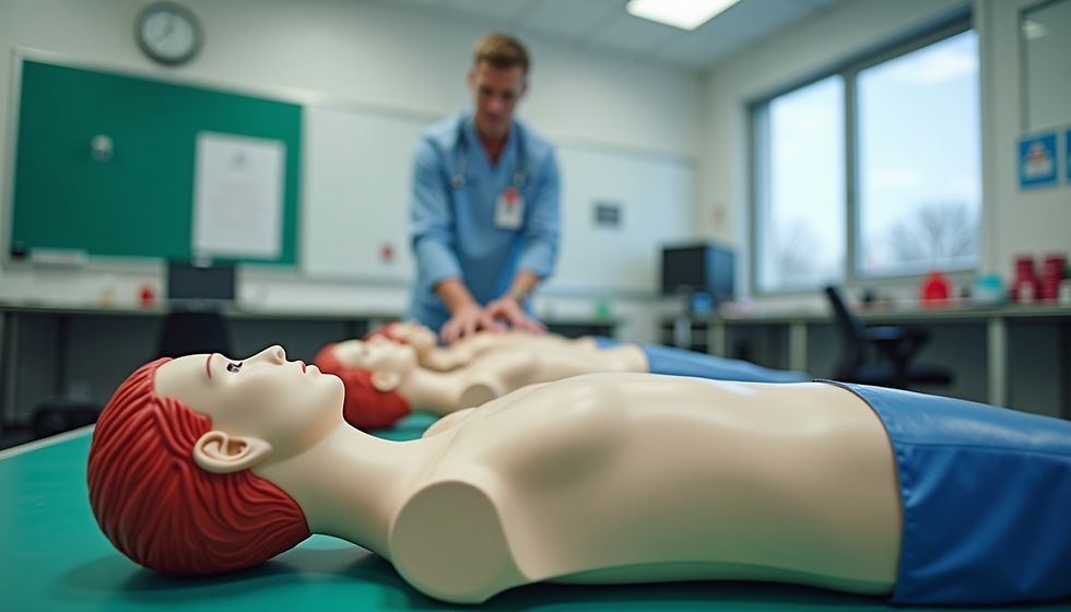 Eye-level view of a first aid training classroom with CPR mannequins and a single instructor demonstrating techniques