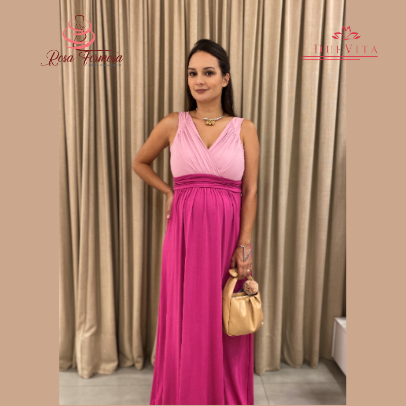 Vestido Gestante e Amamentação Longo Drapeado Bicolor