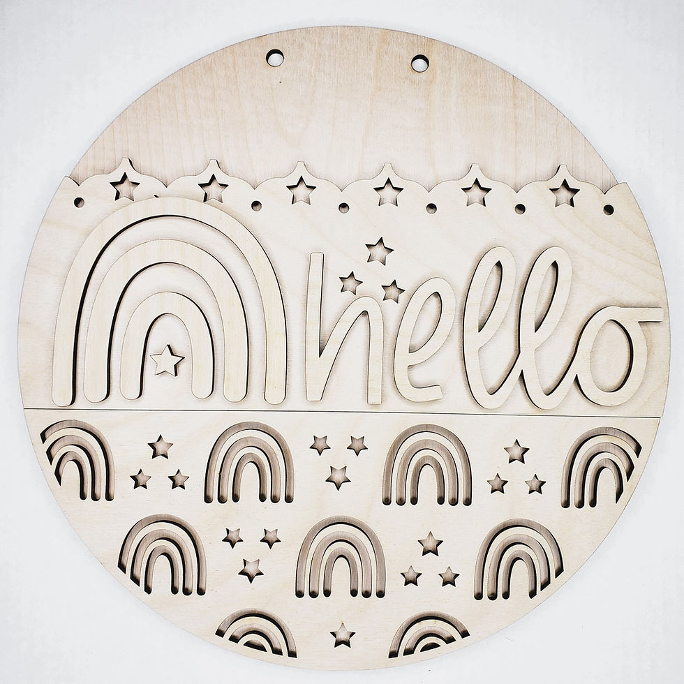 Round wooden sign: Hello, rainbows, stars