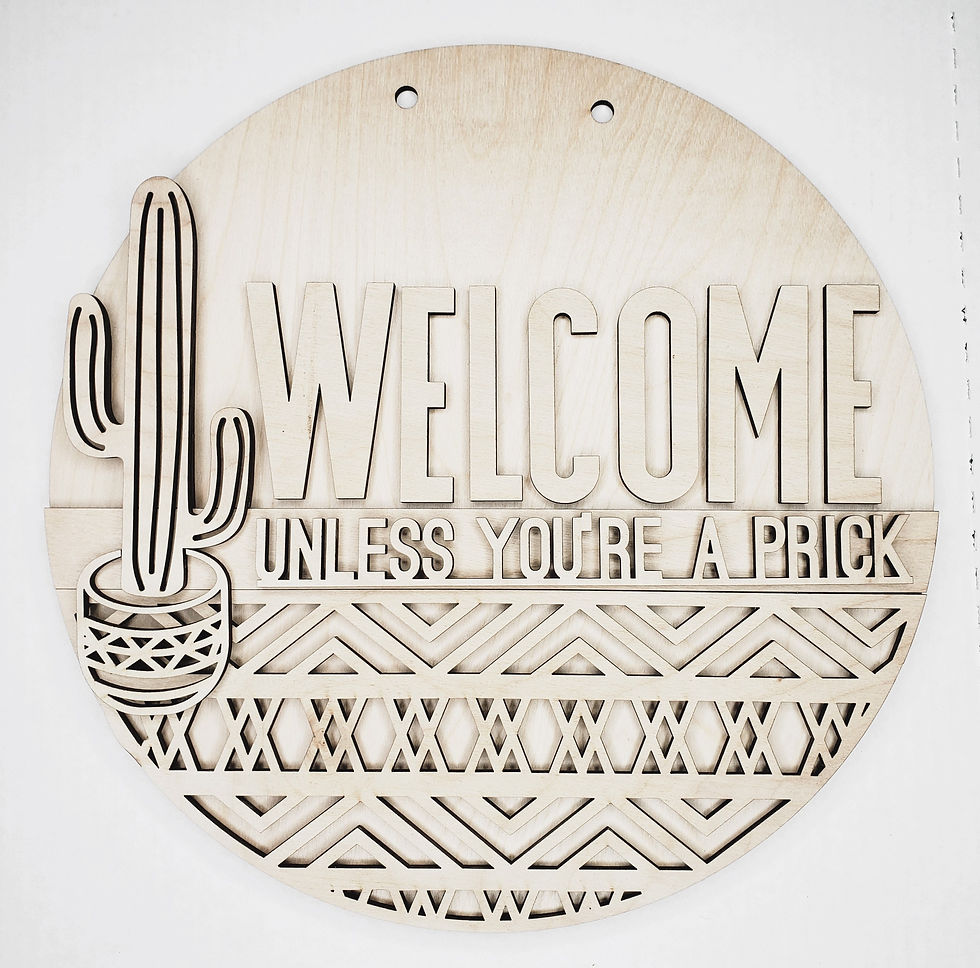 Thumbnail: Round wooden welcome sign with cactus