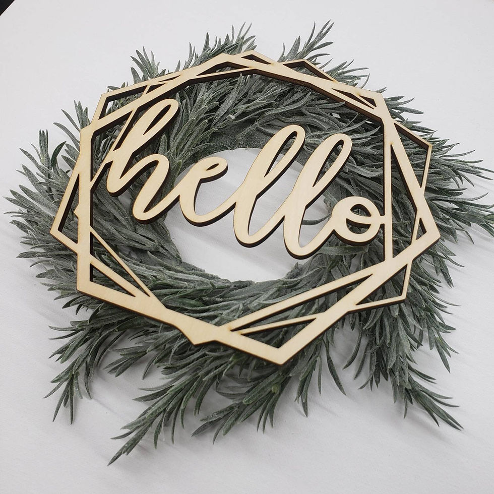 Geometric wood cutout: Hello; rustic wreath