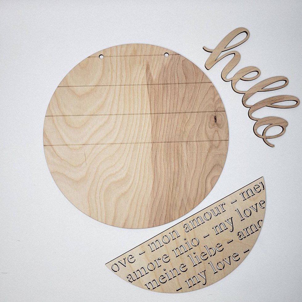 Thumbnail: Round wood sign blank with 'hello' and phrase 'one - much amour - my love'