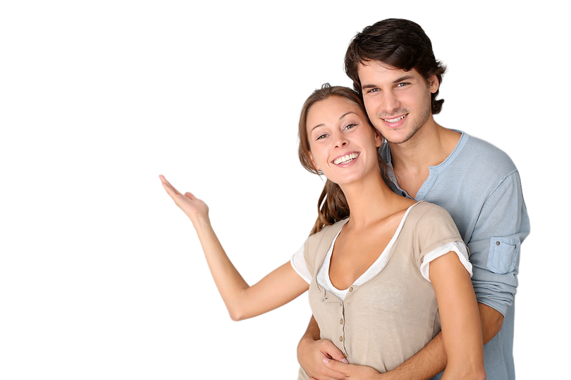 Smiling couple, woman presenting