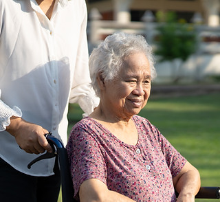 Woman in wheelchair with caregiver, smiling outdoors in a park setting.