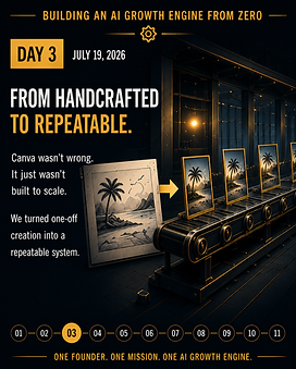 Day 3 cover for Building an AI Growth Engine From Zero about a successful video prototype revealing the difference between one good result and a scalable system.