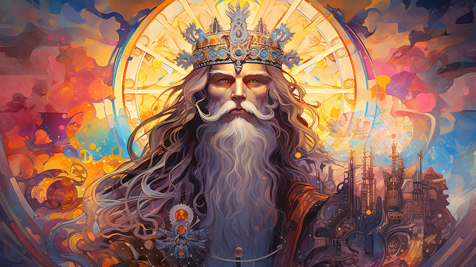 King of Pentacles Tarot Card in a psychedelic art style