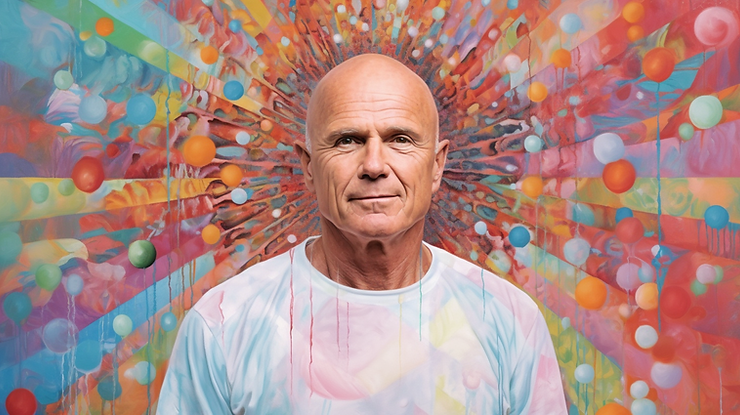 Colorful, psychedelic-themed illustration of Wayne Dyer, radiating a soft, spiritual glow, symbolizing his teachings on personal growth and self-discovery.