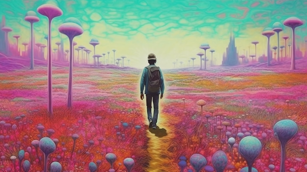 A man peacefully walking through a vibrant field of mushrooms, represented with psychedelic colors and motifs, symbolizing a mindful journey through the world of microdosing.