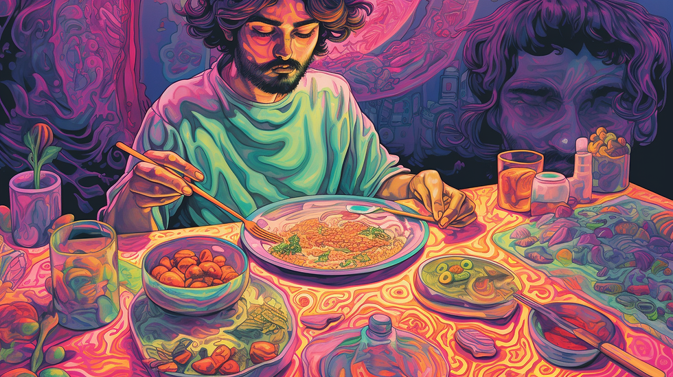 A man mindfully enjoying a nutritious meal, enveloped in vibrant, psychedelic hues, symbolizing the importance of diet in preparing for a psychedelic ceremony