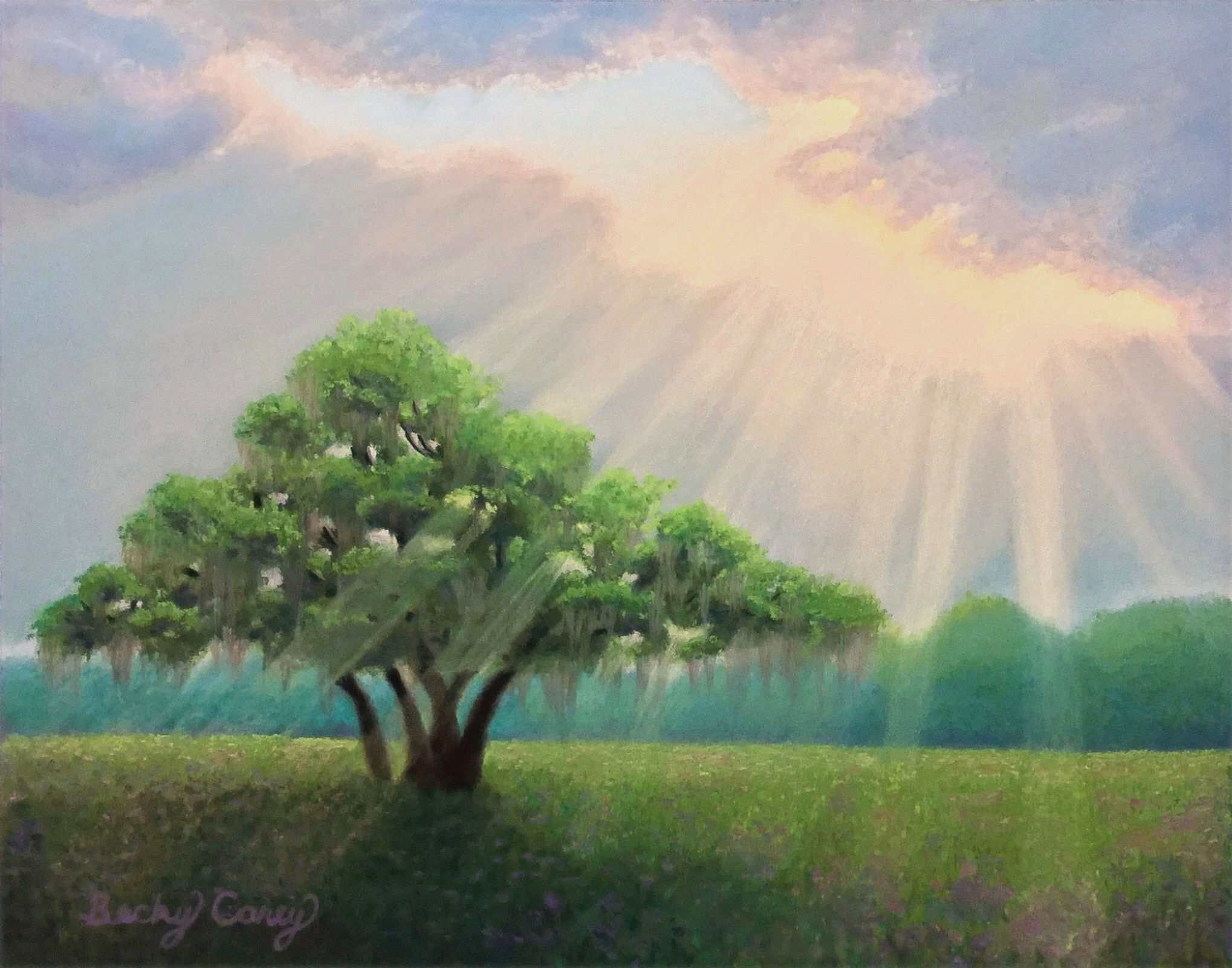 A pastel painting of sun rays bursting through the clouds and shining through a single oak tree in the midst of a peaceful meadow.