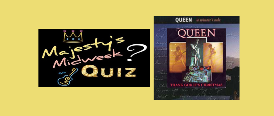 A Golden Background advertising Majesty's Midweek Quiz about Queen's "A Winter's Tale" and "Thank God It's Christmas"