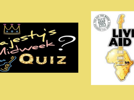 A golden background highlighting Majesty's Midweek Quiz - Live Aid