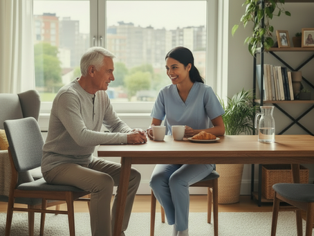 In-home caregiver eating with senior man
