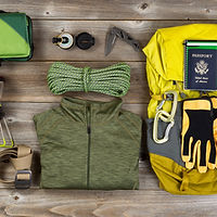 Climbing gear for hiking on rustic woode