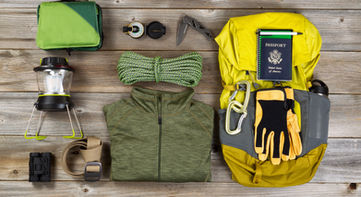 Climbing gear for hiking on rustic wooden boards