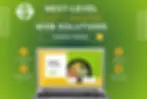 Laptop displaying website design for East Lansing web solutions, with text "Next-Level East Lansing Web Solutions" and "Creative Partner".
