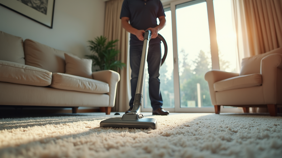 High angle view of a professional cleaner vacuuming a living room carpet