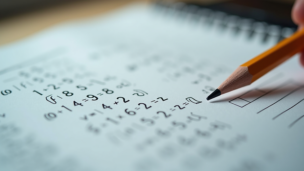 Close-up view of a math workbook with solved problems and a pencil