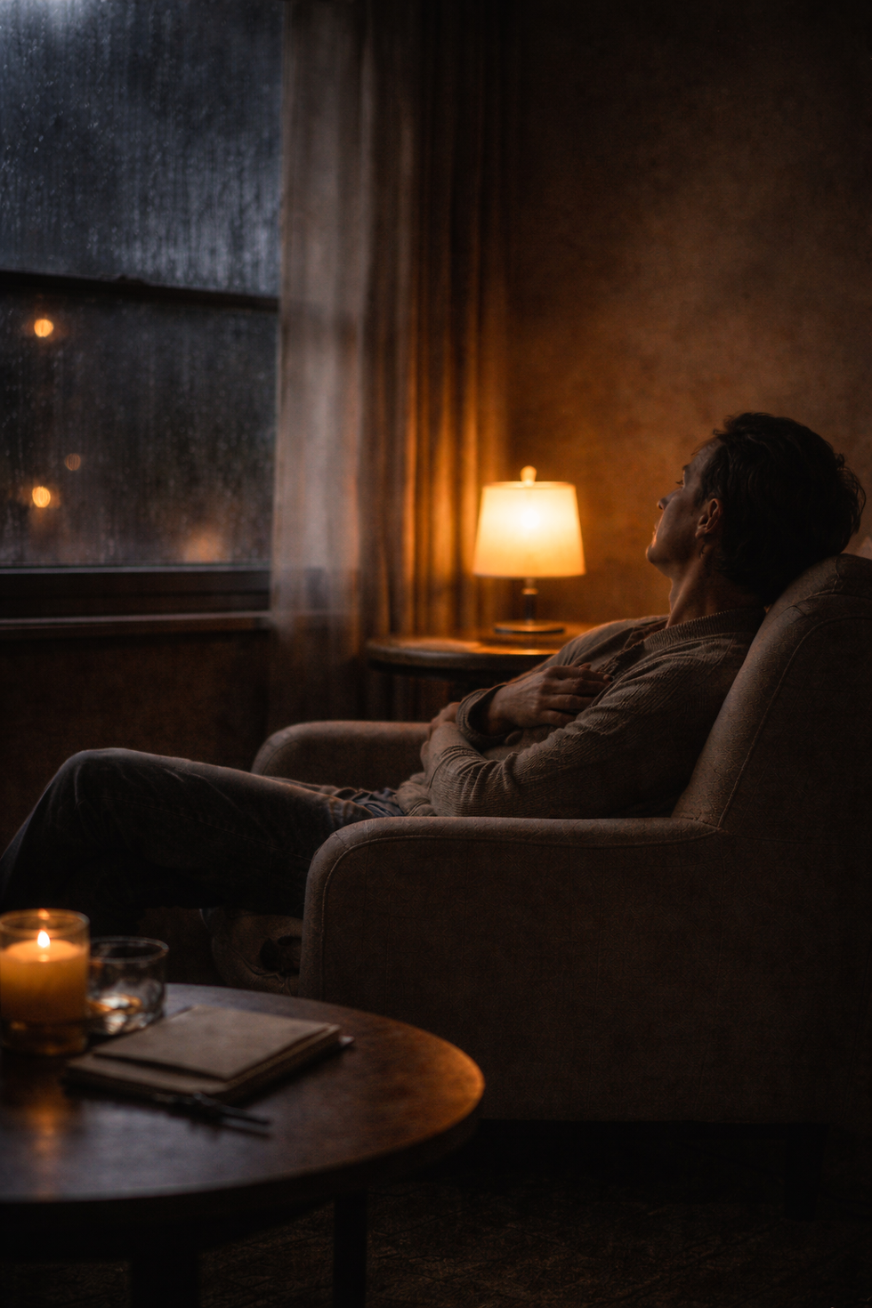 A dim interior space with soft shadows, reflecting inner noise and the difficulty of being still in prayer.