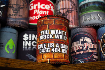 Custom stubby holder with brick wall design and contact number