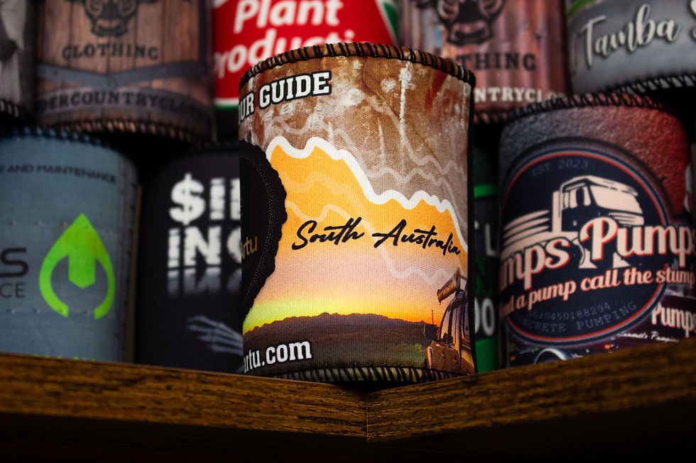 Custom South Australia stubby holder with full-wrap landscape artwork and black edging