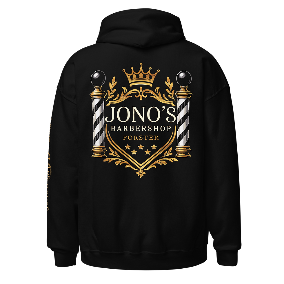 Back design of a black Jono's Barbershop hoodie