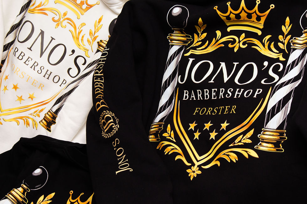 Barbershop hoodies with "Jono's Barbershop Forster" text, ornate gold details, and barber poles on black and white hoodies.