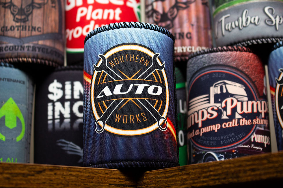 Custom business stubby holder with a prominent circular Clamps and Pumps logo