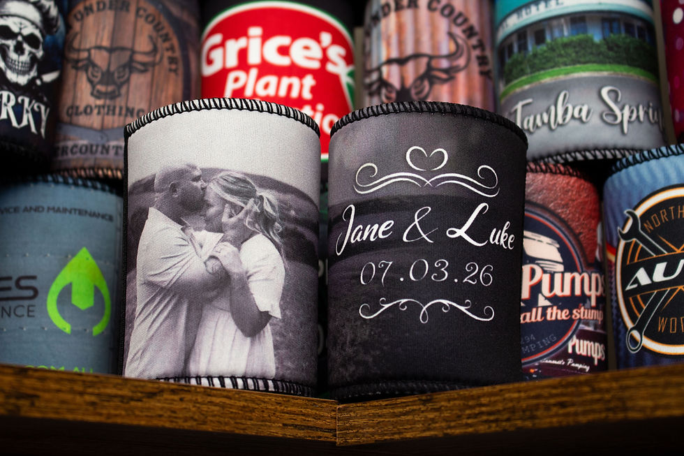 Personalised wedding stubby holder featuring a black-and-white photograph of the couple