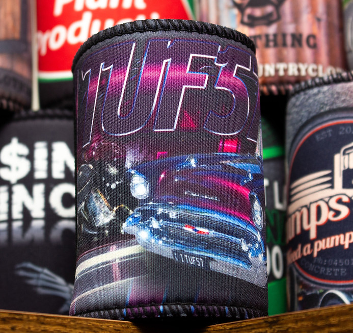 Custom racing-team stubby holder with purple lettering and a race car photograph