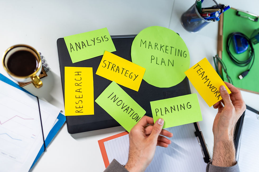 High angle view of a whiteboard with brand strategy notes and diagrams