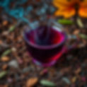 Create an editorial-style image with a deep purple teacup and turquoise steam, surrounded 