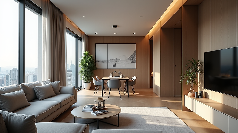Eye-level view of a modern corporate apartment living room with a workspace
