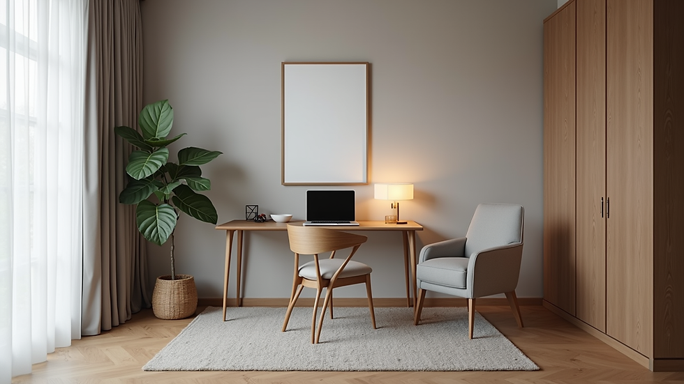 Eye-level view of a modern serviced apartment living room with a work desk