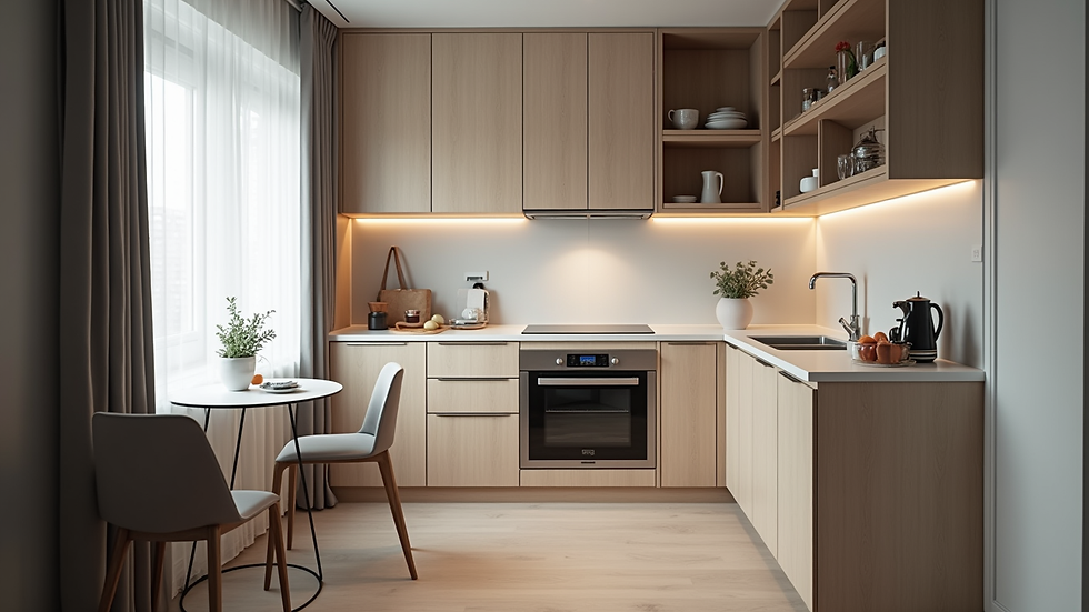High angle view of a kitchen area in a serviced apartment with modern appliances